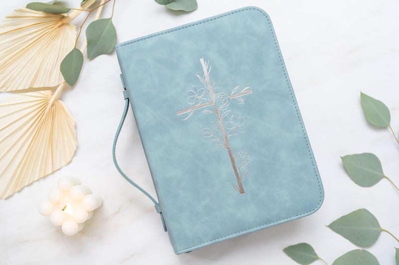 LANDORA & LEAF Bible Cover Case for Women – PU Leather Large Bible Case with Minimalist Debossed Design – Christian Bible Accessories for Girls & Women (Blue) - Image 1